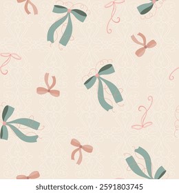 Seamless vintage pattern in shabby chic style. Elegant floral motif, nostalgic roses and bows, delicate pastel colors. Vector