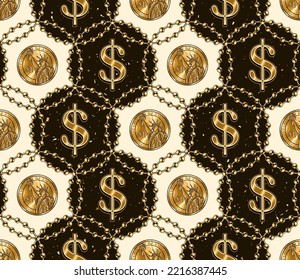 Seamless vintage pattern with shiny golden dollar sign, one dollar coins, circles, gold ball chain. Classic background. Vector illustration