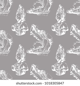 Seamless vintage pattern with silhouettes of ancient Mexican Indian art on black background. Based on hand drawn linear sketches.