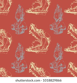 Seamless vintage pattern with silhouettes of ancient Mexican Indian art. Based on hand drawn linear sketches.