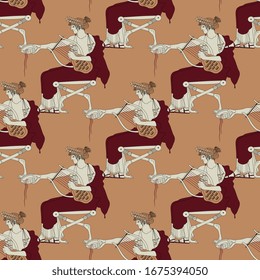 Seamless vintage pattern with silhouettes of ancient Greek god Apollo. Vase painting style.