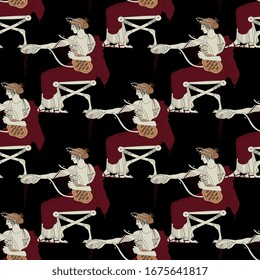 Seamless vintage pattern with silhouettes of ancient Greek god Apollo. Vase painting style.