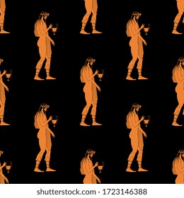 Seamless vintage pattern with silhouettes of ancient Greek god Dionysus holding cup of wine. Vase painting style.