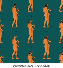 Seamless vintage pattern with silhouettes of ancient Greek god Dionysus holding cup of wine. Vase painting style.