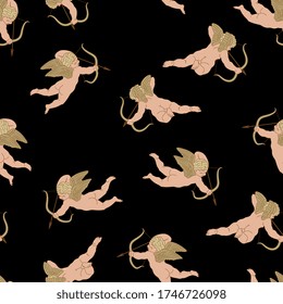 Seamless vintage pattern with silhouettes of flying baby Cupids. Romantic decor.