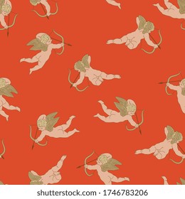 Patrón vintage sin foco con siluetas de bebés cupidos voladores. Decoración romántica.