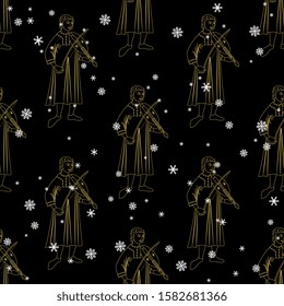 Seamless vintage pattern with silhouettes of medieval men playing violin and snowflakes. 