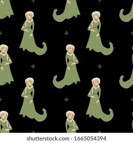 Seamless vintage pattern with silhouettes of medieval lady in green dress. Gothic costume. Female character.