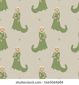 Seamless vintage pattern with silhouettes of medieval lady in green dress. Gothic costume. Female character.