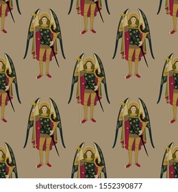 Seamless vintage pattern with silhouettes of winged warrior angels.