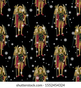 Seamless vintage pattern with silhouettes of winged warrior angels under snowflakes.