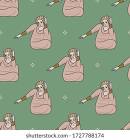 Seamless vintage pattern with sitting medieval character. Stylized human.