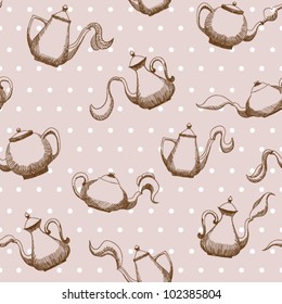 Seamless vintage pattern with sketched teapots