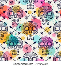 Seamless vintage pattern with skull. Mexican day of the dead. Freehand drawing