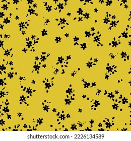 Seamless vintage pattern. Small black flowers and leaves. yellow  background. vector texture. Fashionable print for textiles and wallpaper.