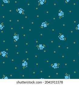 Patrón vintage sin foco. Pequeñas flores azules brillantes. hojas y puntos verdes sobre un fondo azul oscuro. textura vectorial. impresión de tendencia para textiles y papel pintado.