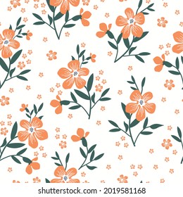 Seamless vintage pattern . small and large orange flowers with dark green leaves on a white background. vector texture. trend print for textiles, postcards and wallpapers.