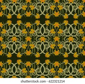 Seamless vintage pattern in small narcissus. Art nouveau millefleurs. Daffodil the symbol of Wales. Floral background for textile, wallpaper, surface, print, gift wrap, scrapbooking, decoupage.