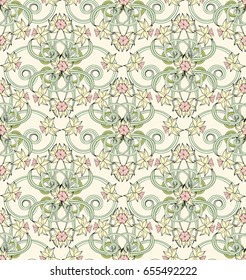 Seamless vintage pattern in small narcissus. Art nouveau millefleurs. Daffodil the symbol of Wales. Floral background for textile, wallpaper, surface, print, gift wrap, scrapbooking, decoupage.