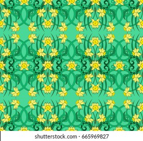 Seamless vintage pattern in small narcissus. Art nouveau millefleurs. Daffodil the symbol of Wales. Floral background for textile, wallpaper, surface, print, gift wrap, scrapbooking, decoupage.