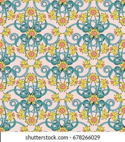 Seamless vintage pattern in small narcissus. Art nouveau millefleurs. Daffodil the symbol of Wales. Floral background for textile, wallpaper, surface, print, gift wrap, scrapbooking, decoupage.