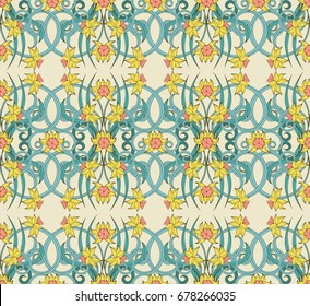 Seamless vintage pattern in small narcissus. Art nouveau millefleurs. Daffodil the symbol of Wales. Floral background for textile, wallpaper, surface, print, gift wrap, scrapbooking, decoupage.