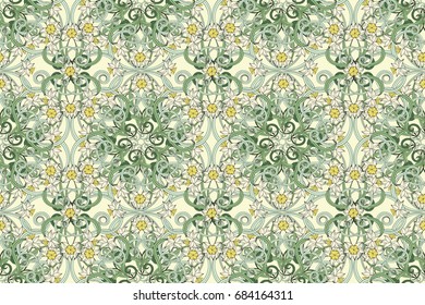 Seamless vintage pattern in small narcissus. Art nouveau millefleurs. Daffodil the symbol of Wales. Floral background for textile, wallpaper, surface, print, gift wrap, scrapbooking, decoupage.