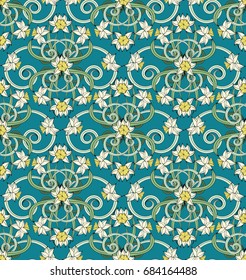 Seamless vintage pattern in small narcissus. Art nouveau millefleurs. Daffodil the symbol of Wales. Floral background for textile, wallpaper, surface, print, gift wrap, scrapbooking, decoupage.