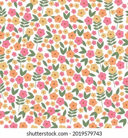 Seamless vintage pattern . small pink, orange and yellow flowers ,green leaves on a white background. vector texture. trend print for textiles, postcards and wallpapers.