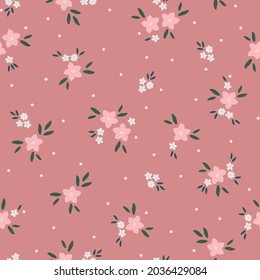 Patrón vintage sin foco. pequeñas flores y puntos rosas y blancos. hojas verdes sobre un fondo rosado oscuro. textura vectorial. impresión de tendencia para textiles y papel pintado.