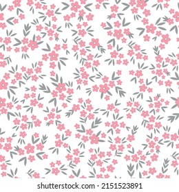 Seamless vintage pattern. Small pink flowers, grey leaves. White  background. vector texture. fashionable print for textiles, wallpaper and packaging.