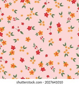 Seamless vintage pattern. small red and orange flowers, green leaves on a light pink background. Vector texture. trend print for textiles and wallpaper.