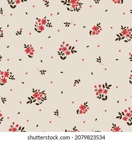 Seamless vintage pattern. small red flowers, brown leaves on a light background. vector texture. fashionable print for textiles.