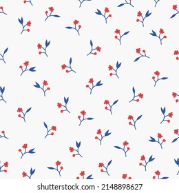 Seamless vintage pattern. Small red flowers, blue leaves. White background. vector texture. fashionable print for textiles, wallpaper and packaging.