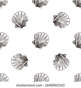 Seamless vintage pattern of small scallop seashell in brown ink engraving style. Perfect for coastal packaging, summer textiles and decorative nautical designs.
