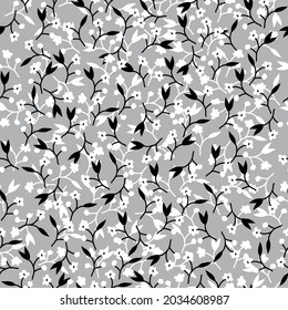 Seamless vintage pattern. small white flowers, black leaves on a gray background .vector texture. trend printing for textiles and wallpaper.
