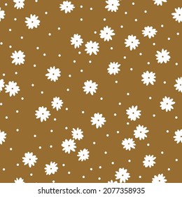 Seamless vintage pattern. Small white flowers and dots on a brown background. vector texture. fashionable print for textiles and wallpaper.