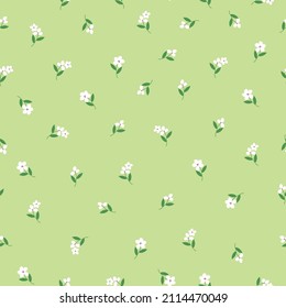 Seamless vintage pattern. Small white flowers, green leaves. Light green background. vector texture. fashionable print for textiles, wallpaper and packaging.