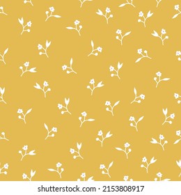 Seamless vintage pattern. Small white flowers and leaves. Yellow background. vector texture. fashionable print for textiles, wallpaper and packaging.