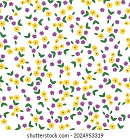 Seamless vintage pattern. small yellow and lilac flowers, green leaves on a white background. vector texture. trend print for textiles and wallpaper.