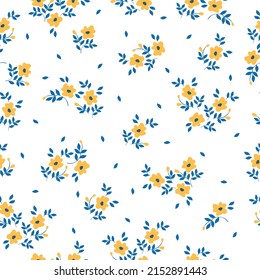 Seamless vintage pattern. Small yellow flowers, blue leaves. White background. vector texture. fashionable print for textiles, wallpaper and packaging.