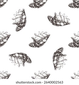 Seamless vintage pattern of spiked seashell in brown ink engraving style. Great for nautical packaging, summer textiles and decorative ocean-inspired surface designs.