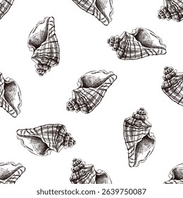 Seamless vintage pattern of spiral seashell in brown ink engraving style. Elegant marine illustration for beach-themed packaging, fabric and surface design.