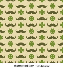 Seamless vintage pattern for St. Patrick's day with four-leaf clovers and mustaches.