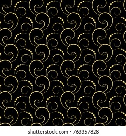 A seamless vintage pattern with swirls. Black and gold Christmas, royal vector seamless pattern or background