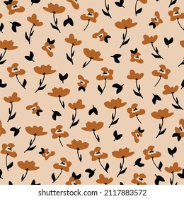Seamless vintage pattern. Terracotta flowers, black leaves. Beige background. vector texture. fashionable print for textiles, wallpaper and packaging.