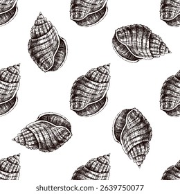 Seamless vintage pattern of textured spiral seashell in brown ink engraving style. Marine illustration for beach packaging, textile and nautical surface design.

