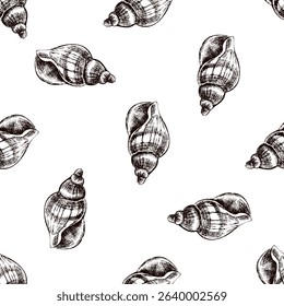 Seamless vintage pattern of thick spiral seashell in brown ink engraving style. Ideal for coastal packaging, marine-themed textiles and surface design.