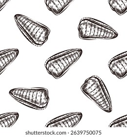 Seamless vintage pattern of triangular seashell in brown ink engraving style. Unique marine illustration for nautical packaging, beach textiles and surface design.

