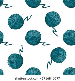 Padrão vintage sem costura de bolas de fio turquesa com fios soltos. Perfeito para tecido, estampas têxteis, embalagem, projetos acolhedores e projetos artesanais relacionados com tricô ou crochê.
